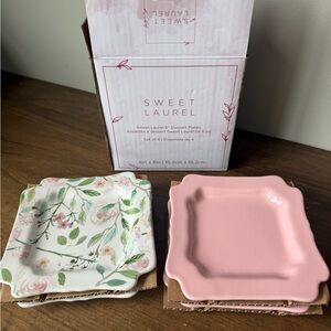 Pink and Floral Square Dessert Plate Set